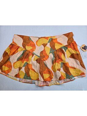 NEW Noel Abstract Patterned Linen Blend Skirt Size 28 Multicolor Orange Yellow